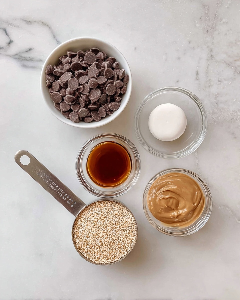 The image shows five small containers with different ingredients arranged on a white marbled surface. Starting from the top left, there is a white bowl filled with dark brown chocolate chips, shiny and round. To the right, a small clear glass bowl holds a white, round disk that looks firm in texture. Below it, another small clear glass bowl contains a dark amber liquid. On the bottom left, a silver measuring cup is filled with beige sesame seeds, small and grainy. Next to it, on the bottom right, another silver measuring cup holds a light brown creamy mixture with a smooth and thick texture. photo taken with an iphone --ar 4:5 --v 7