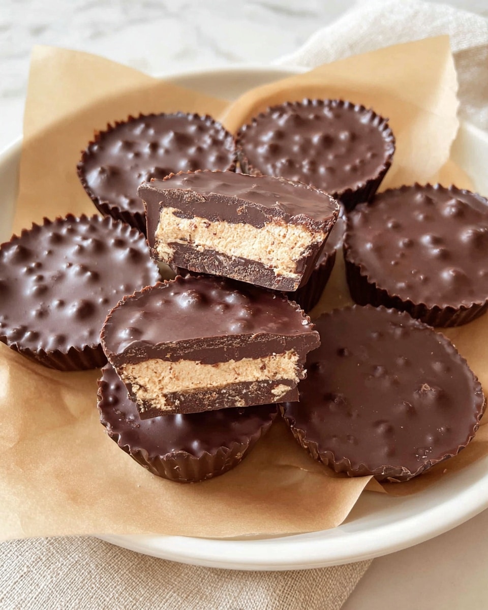The image shows eight round chocolate cups with a bumpy texture, arranged on light brown parchment paper on a white plate. One chocolate cup is cut in half and placed on top, revealing three layers inside: a thin dark chocolate outer shell, a thick creamy light brown filling in the middle, and a crunchy texture at the bottom layer. The tops of the chocolates have little raised bumps and a smooth, shiny finish. The overall look is neat and inviting, set against a white marbled surface. photo taken with an iphone --ar 4:5 --v 7
