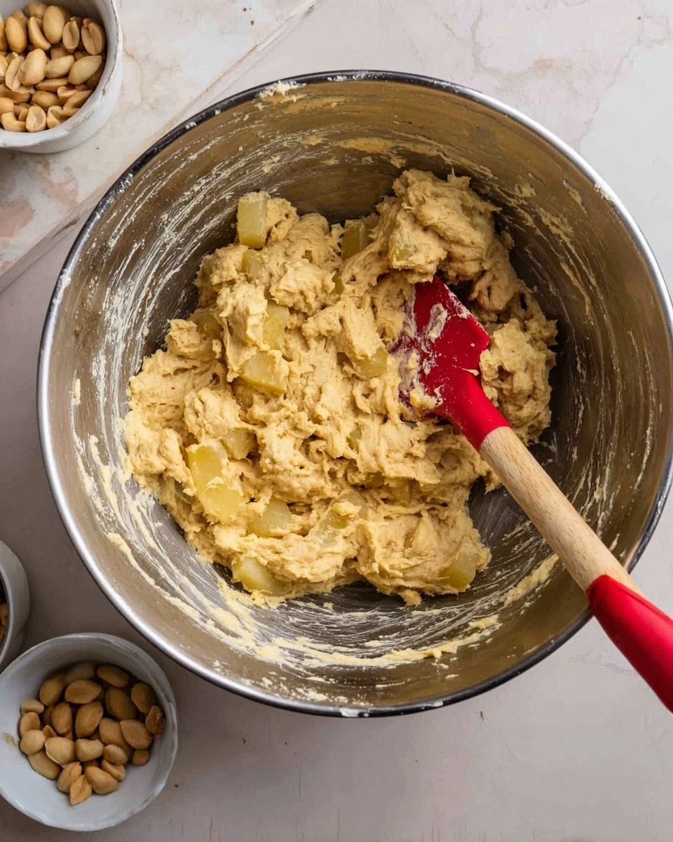 A large metal mixing bowl contains a thick, chunky dough with visible pieces of light yellow fruit mixed in. The dough has a slightly sticky and creamy texture with rough bits, and a red spatula with a long light wooden handle rests inside, partially covered by the mixture. The metal bowl shows smears of the dough around the sides, indicating recent stirring. Two small white bowls with light brown round nuts are placed near the bottom left on a white marbled surface, partially visible. Photo taken with an iphone --ar 4:5 --v 7