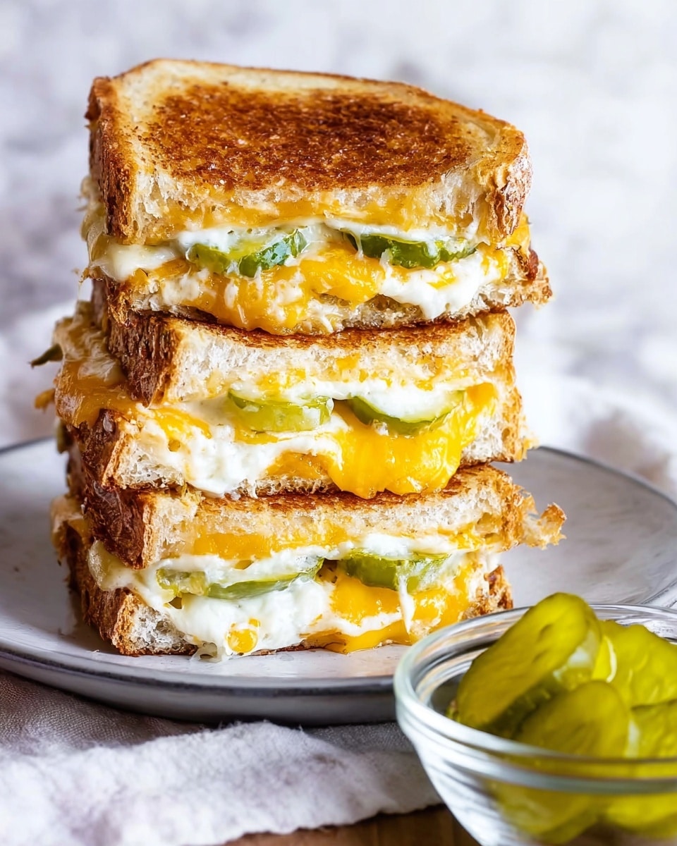 A tall stack of three grilled cheese sandwich halves with toasted golden-brown bread layers on the outside, each sandwich filled with melted yellow cheese and white creamy spread, along with sliced green pickles visible in the middle. The sandwiches are arranged on a white plate with a slight gray rim, placed on a white marbled surface with a soft cloth underneath. In the front, there is a small glass bowl filled with green pickle slices, slightly blurred to keep focus on the sandwich stack. photo taken with an iphone --ar 4:5 --v 7