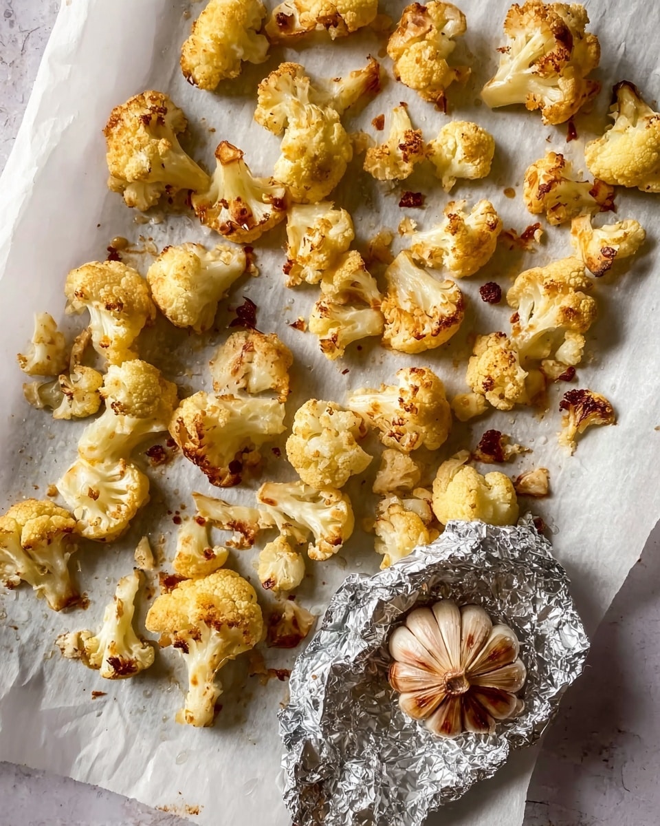 The image shows many pieces of roasted cauliflower spread out evenly on white baking paper, which is on a white marbled surface. The cauliflower pieces are golden brown with some darker roasted spots, showing a crispy texture. On the lower right, there is a whole garlic bulb that is roasted and slightly open, wrapped partially in crinkled silver foil. The lighting highlights the warm color of the cauliflower and creates soft shadows around the edges. Photo taken with an iphone --ar 4:5 --v 7
