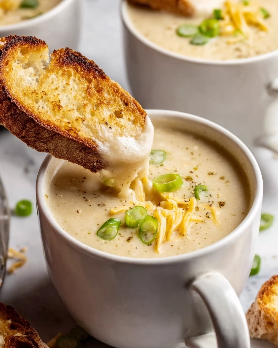 A white cup filled with thick, creamy soup that is light beige in color. The soup has small round slices of green onions floating on the surface and some light yellow shredded cheese sprinkled on top, adding texture and color contrast. A piece of toasted bread with a golden brown crust is dipped into the soup, with creamy soup dripping from it. The cup rests on a white marbled surface, with parts of two more white cups filled with the same soup visible in the blurred background. Photo taken with an iphone --ar 4:5 --v 7