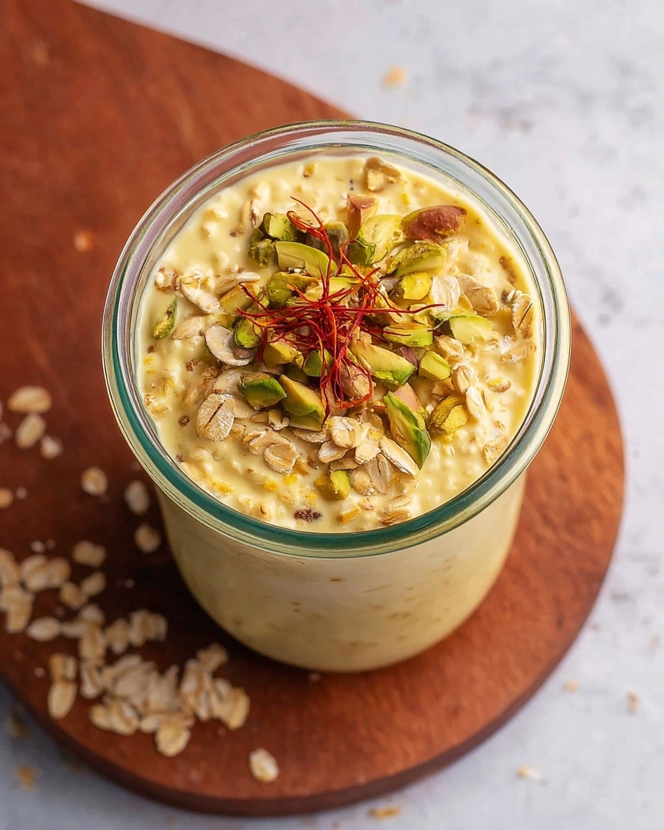 A clear glass jar filled with a creamy, pale yellow mixture topped with light brown oats and bright green slivers of pistachios scattered evenly on top, with a few thin, red saffron strands adding a delicate touch at the center. The jar sits on a round, dark wooden board with a smooth texture, and a few oats are scattered around the base of the jar on a white marbled surface. The photo is taken from above, showing the full top layer of the dish with clear details of colors and textures. photo taken with an iphone --ar 4:5 --v 7