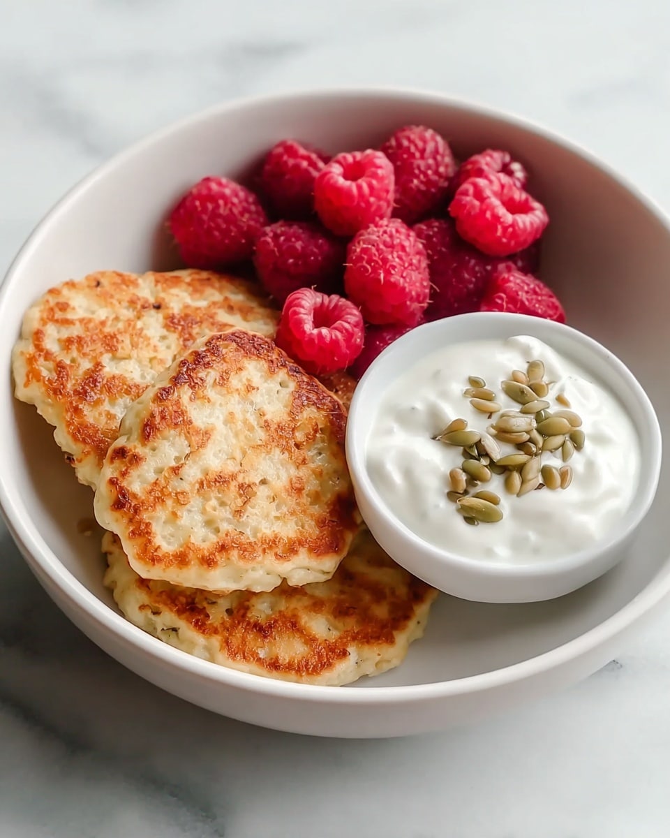 A white bowl holds a breakfast dish with three lightly browned, round pancakes stacked on one side, showing a soft, slightly textured surface. Next to the pancakes, a cluster of bright red raspberries adds a fresh and vibrant contrast. A small white bowl with smooth white yogurt topped with scattered green and beige seeds sits beside the pancakes, completing the dish. The bowl is placed on a white marbled surface. photo taken with an iphone --ar 4:5 --v 7