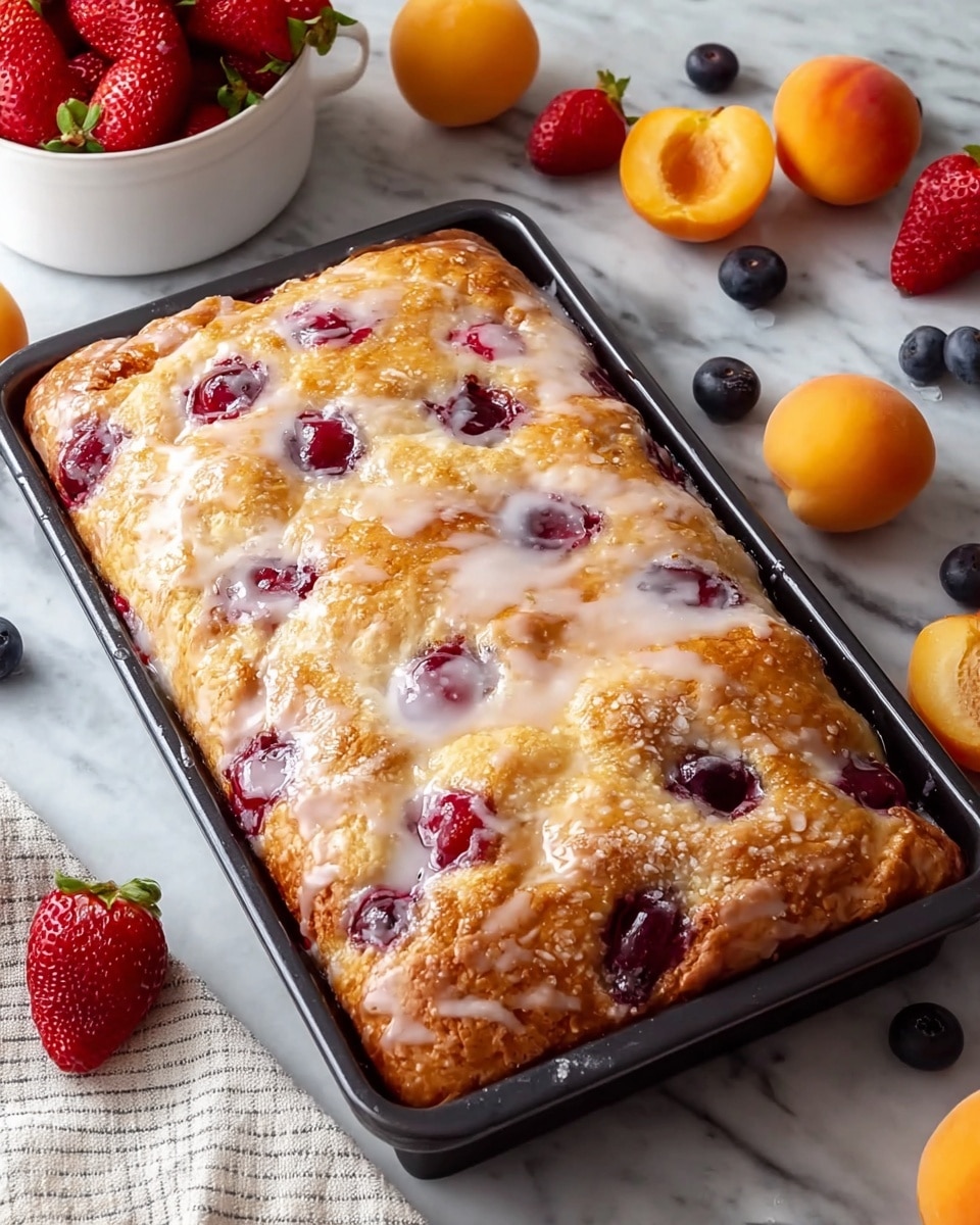 A rectangular golden bread sits in a black baking tray on a white marbled surface. The top layer is a light glaze that shines softly, scattered unevenly across the bread, allowing the golden crust to peek through. Under the glaze are embedded bright red cherries spaced irregularly, some slightly sunken into the bread, creating red spots surrounded by crisp golden dough. The bread’s surface has a lightly puffy and textured look with small creases and bubbles, showing a soft, airy inside. Nearby, a white bowl filled with fresh red strawberries adds a splash of color, along with whole apricots and blueberries on the marbled surface. Photo taken with an iphone --ar 4:5 --v 7