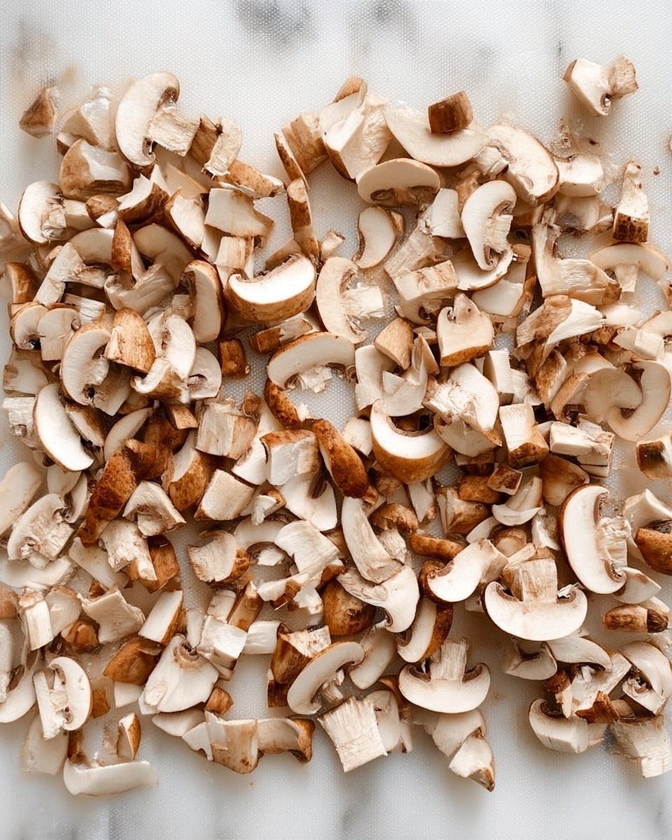 The image shows a white cutting board filled with many small pieces of light brown and white mushrooms, all sliced roughly the same size. The mushrooms cover most of the board evenly, showing their soft, slightly shiny textures and different shades of brown on the edges and stems. The background is a white marbled surface. Photo taken with an iphone --ar 4:5 --v 7