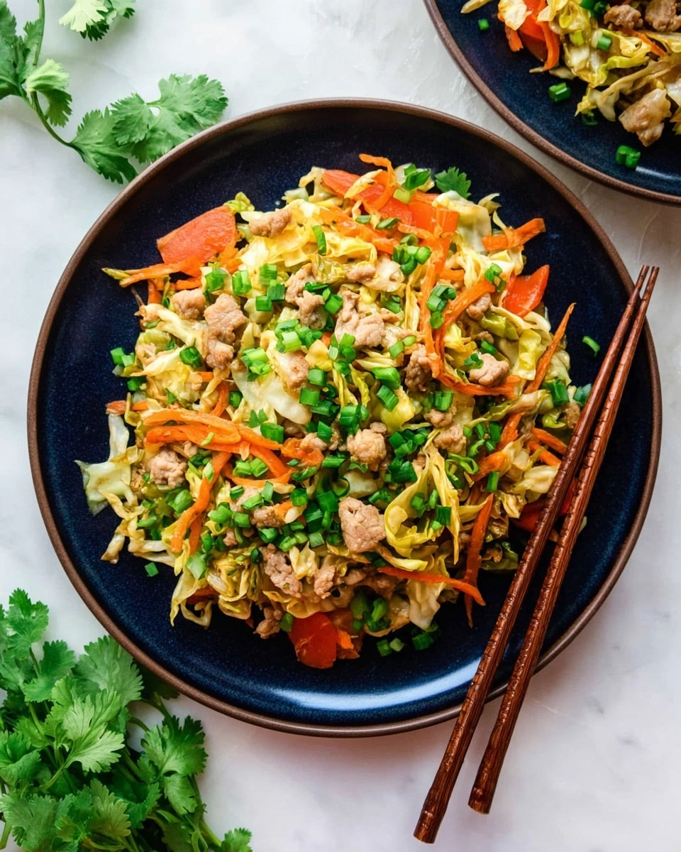 A dark blue plate holds a colorful stir-fry dish with three main layers. The bottom layer is light green, curly cabbage pieces mixed with thin, bright orange carrot strips. On top of these vegetables are small, pale beige pieces of cooked meat, evenly spread. The dish is sprinkled throughout with fresh, chopped green onions and cilantro adding bright green spots. Resting on the right edge of the plate are two brown wooden chopsticks. The plate sits on a white marbled surface with a few green cilantro leaves scattered around. Photo taken with an iphone --ar 4:5 --v 7