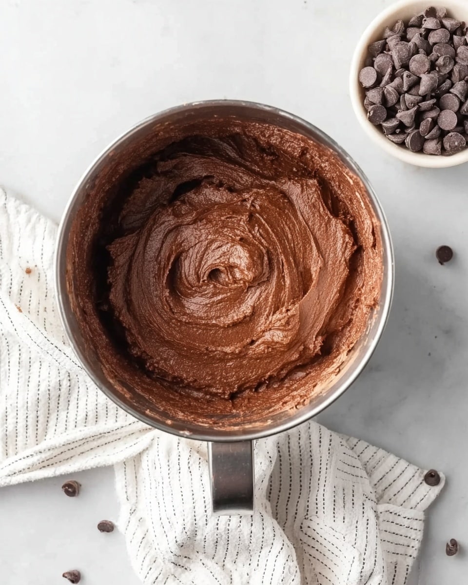 A top view of a silver mixing bowl filled with smooth, thick chocolate batter. The batter is mostly spread out except for a swirl in the middle that shows a slightly lighter circle where a woman's finger touched it. The bowl is set on a white marbled surface. To the right of the bowl is a white cloth with thin black stripes, partly folded. In the top right corner, there is a small white bowl filled with dark chocolate chips. Photo taken with an iphone --ar 4:5 --v 7