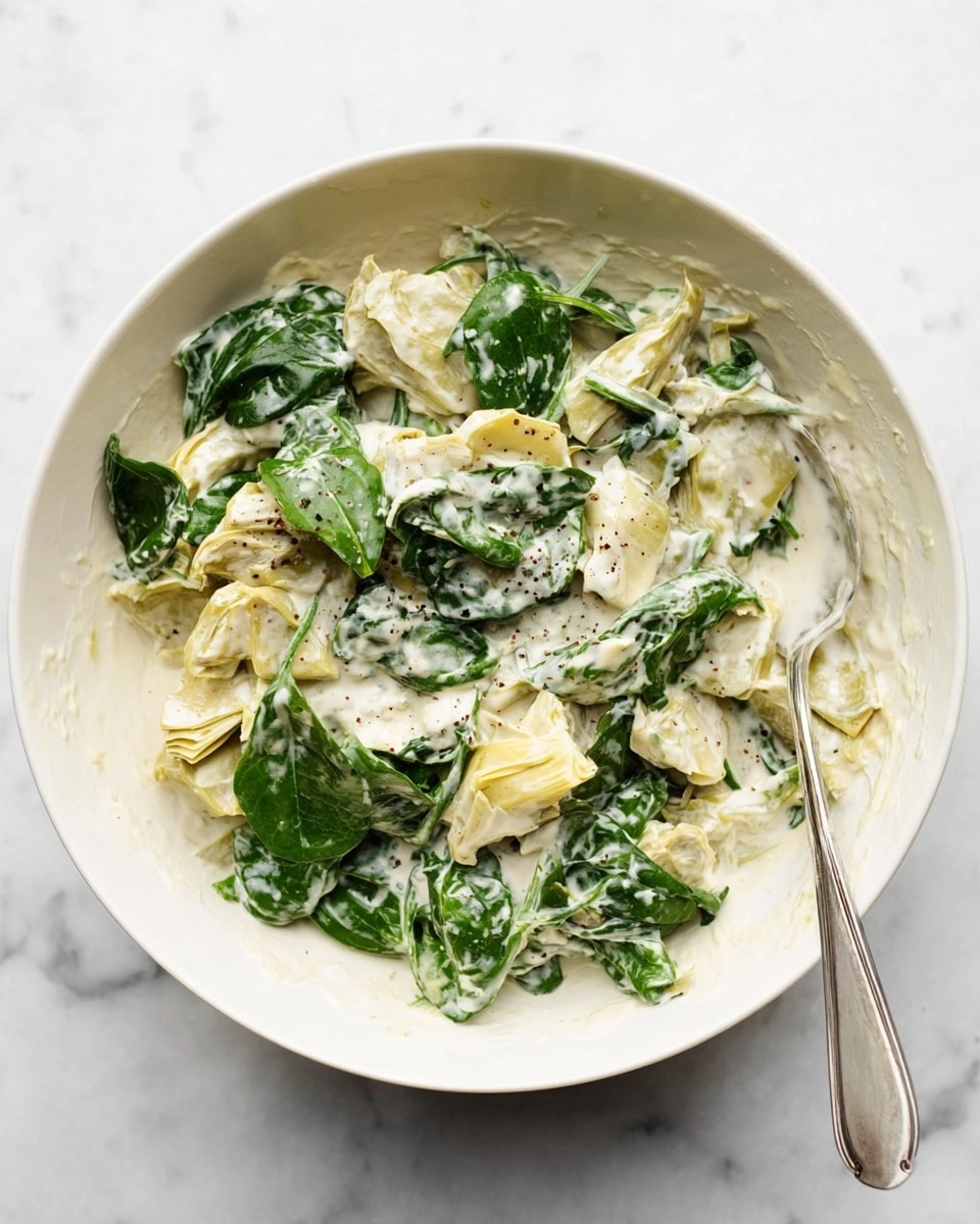 Inside a white bowl, there is a creamy mix with three main layers: fresh green spinach leaves, light yellow artichoke pieces, and a thick white sauce that coats all ingredients evenly. The spinach leaves are whole and glossy, showing dark green color with some veins visible. The artichoke pieces are scattered throughout and have a soft, pale yellow texture. The white sauce is smooth and slightly thick, with small specks of black pepper. A silver spoon rests inside the bowl, resting on the side with some sauce on it. The bowl sits on a white marbled surface, enhancing the fresh and clean look of the dish. Photo taken with an iphone --ar 4:5 --v 7