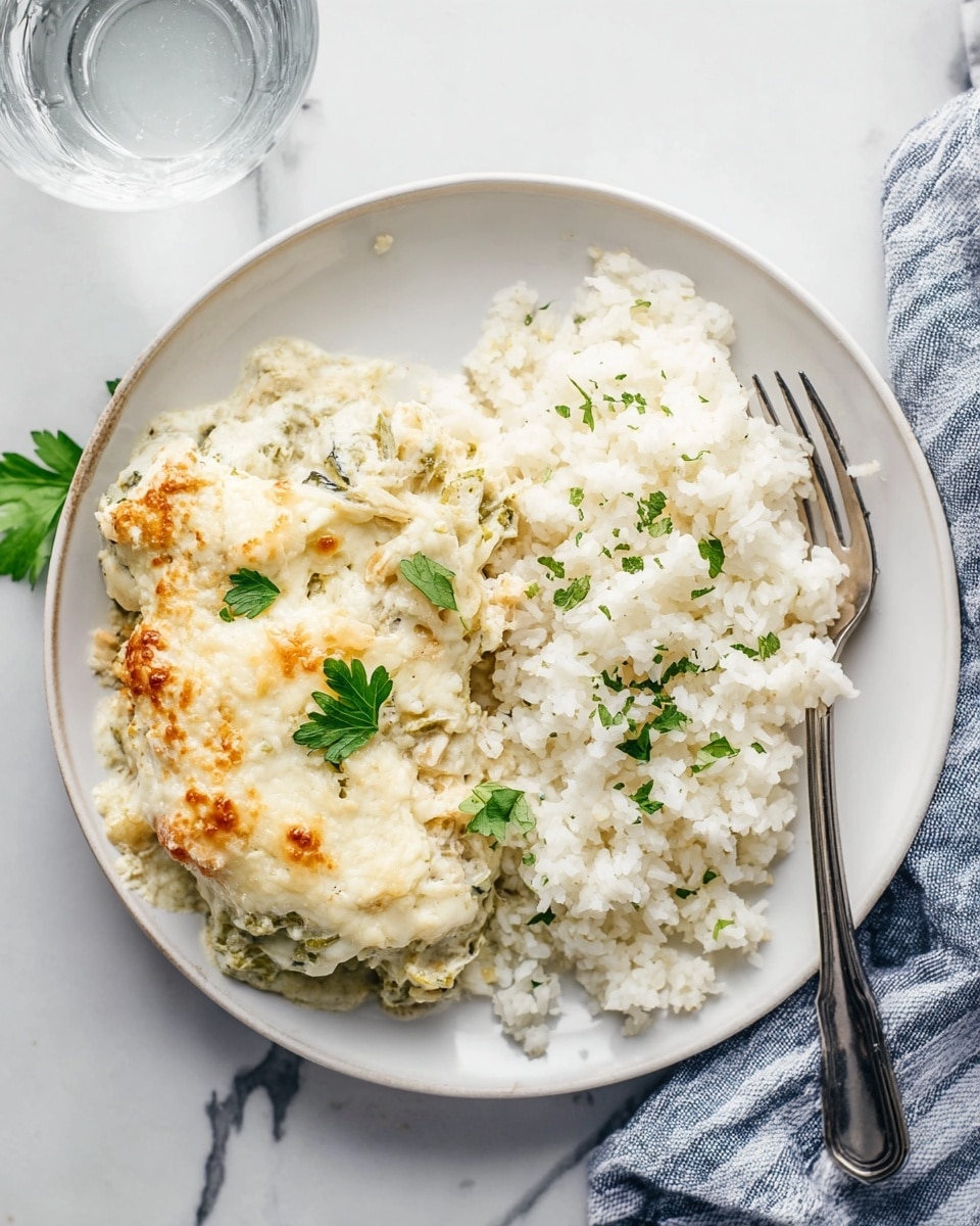 The image shows a white plate with two main parts: on the left is a creamy baked dish with layers of white and light green, topped with melted cheese and garnished with small green parsley leaves, showing a soft and slightly browned texture; on the right side is a serving of white cauliflower rice with small green parsley leaves sprinkled on top, and a metal fork placed inside it. The plate is on a white marbled surface with a glass of water and a striped blue and white cloth napkin at the top right corner. photo taken with an iphone --ar 4:5 --v 7