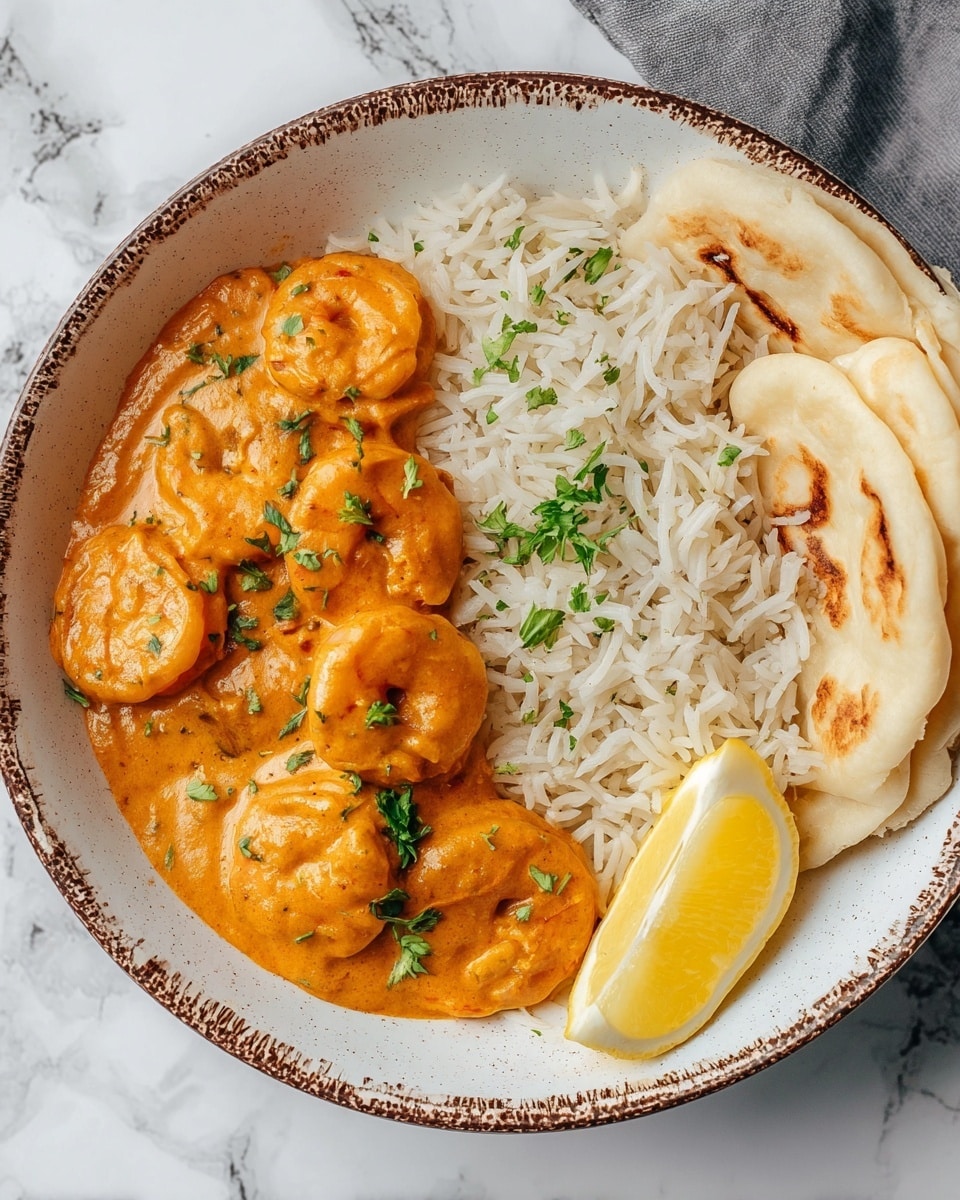 The image shows a dish served in a white bowl with a speckled brown rim on a white marbled surface. Inside the bowl, there are three main layers: on the left side, a creamy orange sauce with several pieces of shrimp covered in it, garnished with small green herbs; on the right side, a portion of fluffy white rice with some green herb sprinkles; and at the bottom right, folded pieces of light beige flatbread with a browned spot. A wedge of bright yellow lemon is placed on top of the rice near the orange sauce. photo taken with an iphone --ar 4:5 --v 7