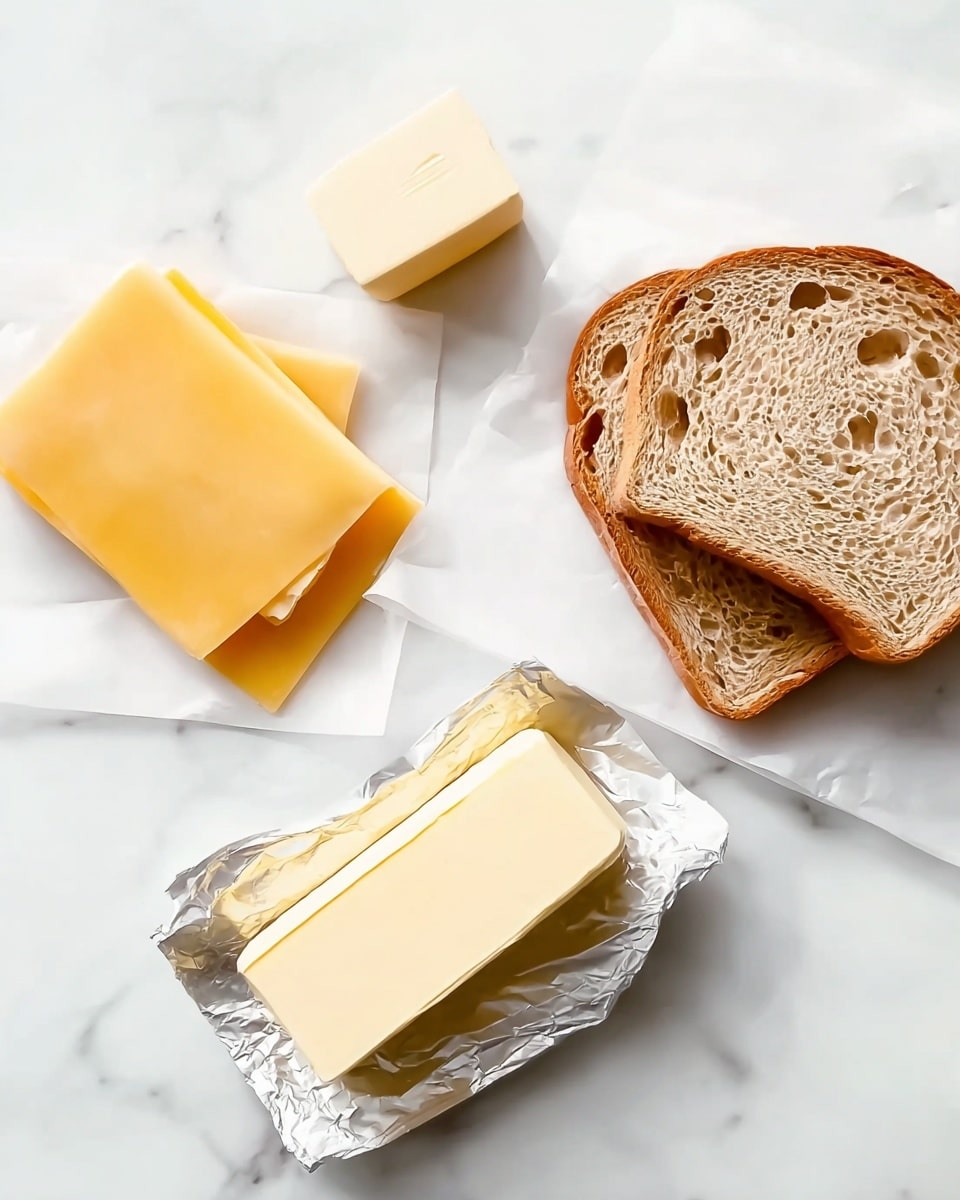 The image shows two slices of light brown bread with visible air holes stacked slightly on top of each other, placed on a white marbled surface. Next to the bread, there are two square slices of yellow cheese stacked neatly one on top of the other. Near the cheese, there is a small block of pale yellow butter, and below that, a larger sorted rectangular stick of yellow butter partly wrapped in silver and white paper, laid out flat on the same white marbled surface. The arrangement is simple, with each item spaced out clearly. photo taken with an iphone --ar 4:5 --v 7