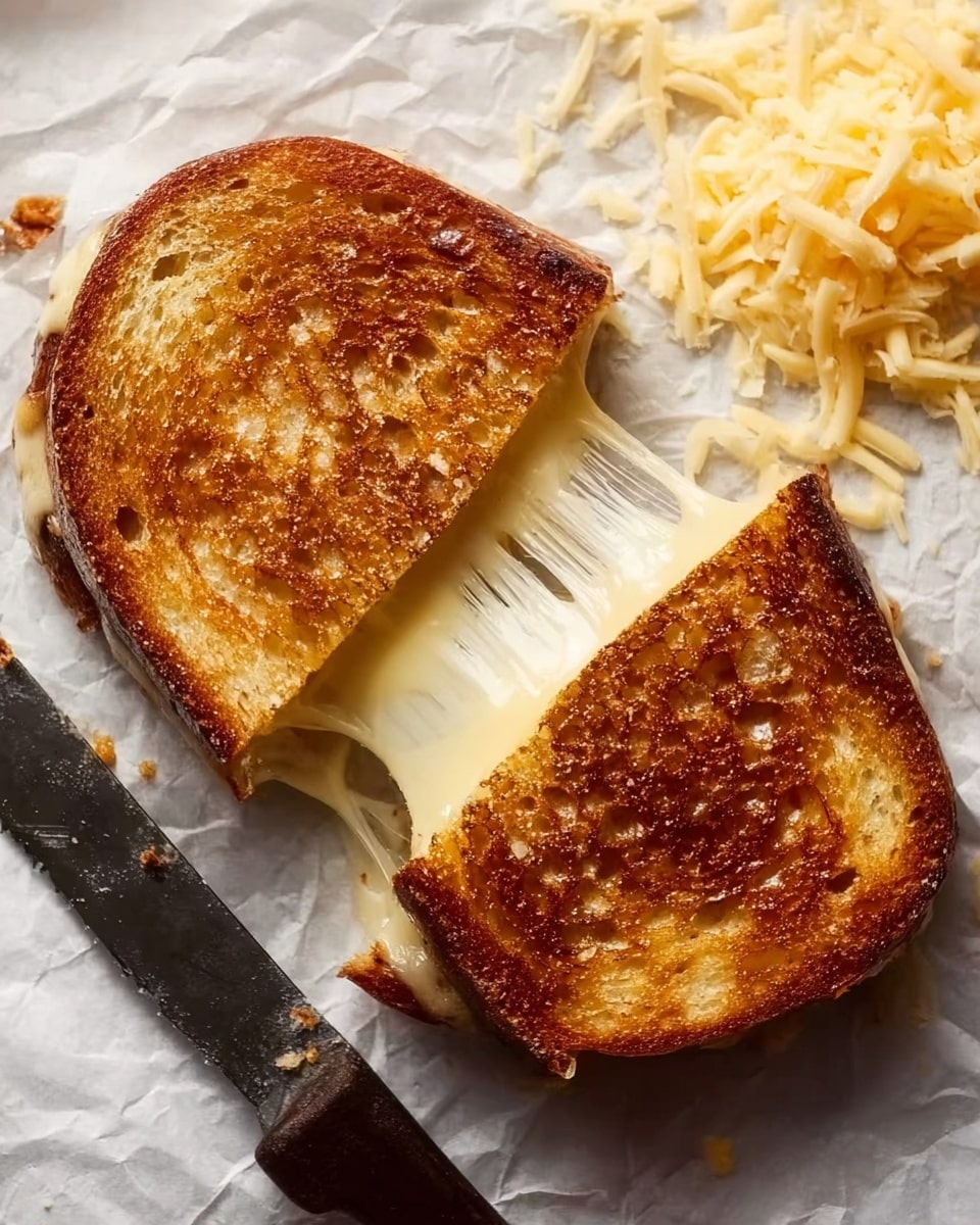 The image shows a grilled cheese sandwich placed on white marbled paper. The sandwich is cut into two halves, with melted cheese stretching between the pieces, showing the creamy inside. The bread is golden brown and crispy, with visible toasted spots and a slightly bubbling texture on the surface. To the top right, there is a pile of shredded cheese in pale yellow color, while a dark-handled knife with some cheese crumbs rests nearby. A woman's hand is lightly holding the sandwich on the right side. The overall scene looks warm and inviting. photo taken with an iphone --ar 4:5 --v 7