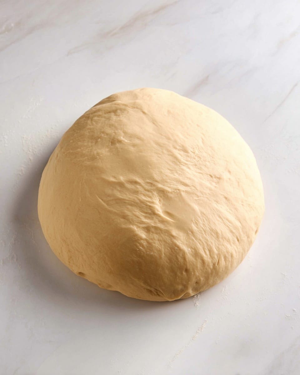 A smooth, round ball of pale beige dough with a soft, slightly shiny surface sits alone on a white marbled texture. The dough looks freshly made, with a few faint lines and creases showing its elasticity and softness. The simple shape and uniform color give a clean and fresh impression photo taken with an iphone --ar 4:5 --v 7