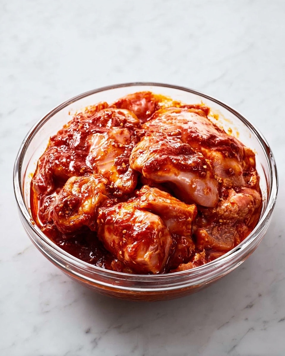 A clear glass bowl filled with several pieces of raw chicken covered in a thick red marinade, the sauce looks shiny and sticky, coating the chicken evenly. The chicken pieces vary in size and are layered to fill the bowl, with some parts of the meat visible through the sauce. The bowl sits on a white marbled surface, creating a clean and fresh look. Photo taken with an iphone --ar 4:5 --v 7