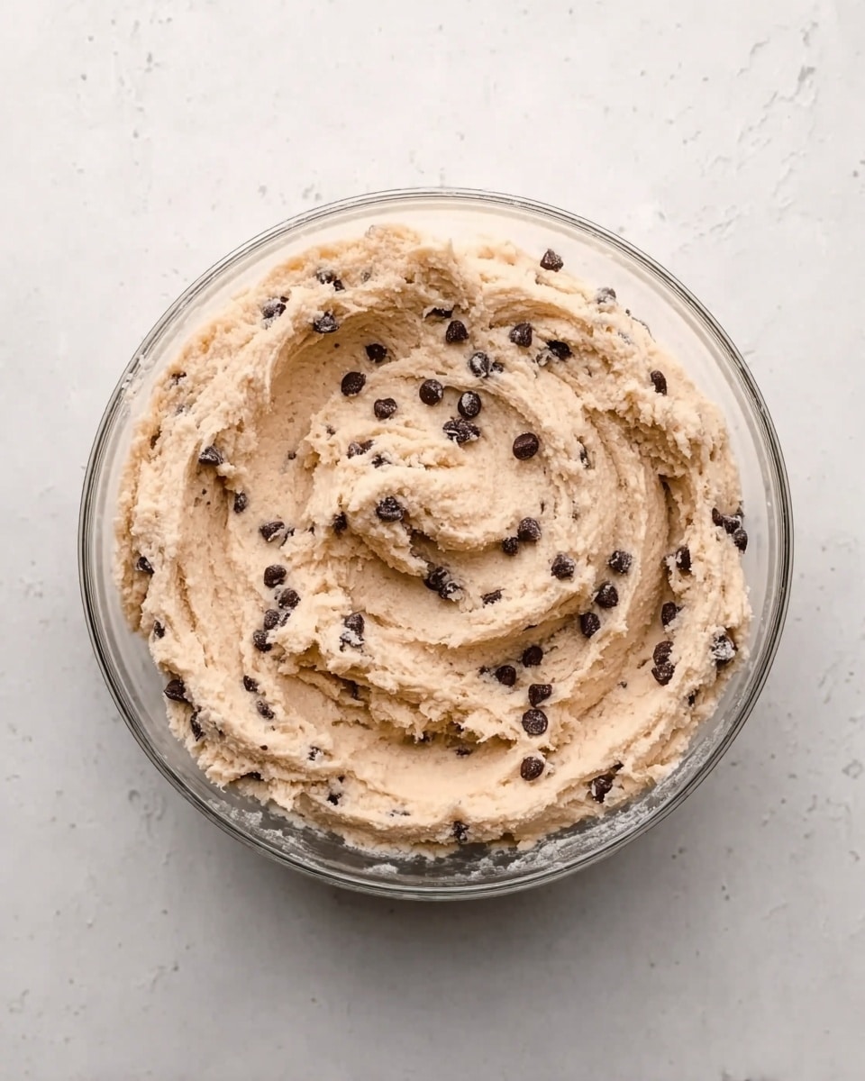 A clear glass bowl filled with a creamy, light beige dough mixed with small dark chocolate chips evenly spread throughout. The dough shows smooth, soft texture with gentle swirls on the surface, sitting on a white marbled background. Photo taken with an iphone --ar 4:5 --v 7