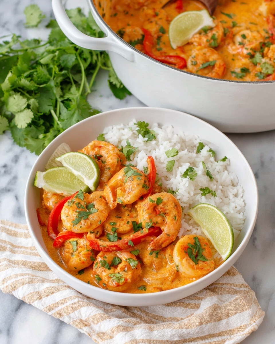 A white bowl filled with two main layers: the bottom layer is fluffy white rice, and the top layer is shrimp cooked in a creamy orange sauce with thin slices of red bell pepper. The shrimp and peppers are coated with the sauce and sprinkled with fresh green chopped cilantro. A lime wedge is placed on the right side of the bowl, resting on the shrimp. Behind the bowl, there is a white pot filled with more shrimp in the orange sauce, garnished with lime wedges and cilantro. The setup is on a white marbled surface with a beige and white striped cloth under the bowl, and fresh cilantro leaves are placed nearby. Photo taken with an iphone --ar 4:5 --v 7