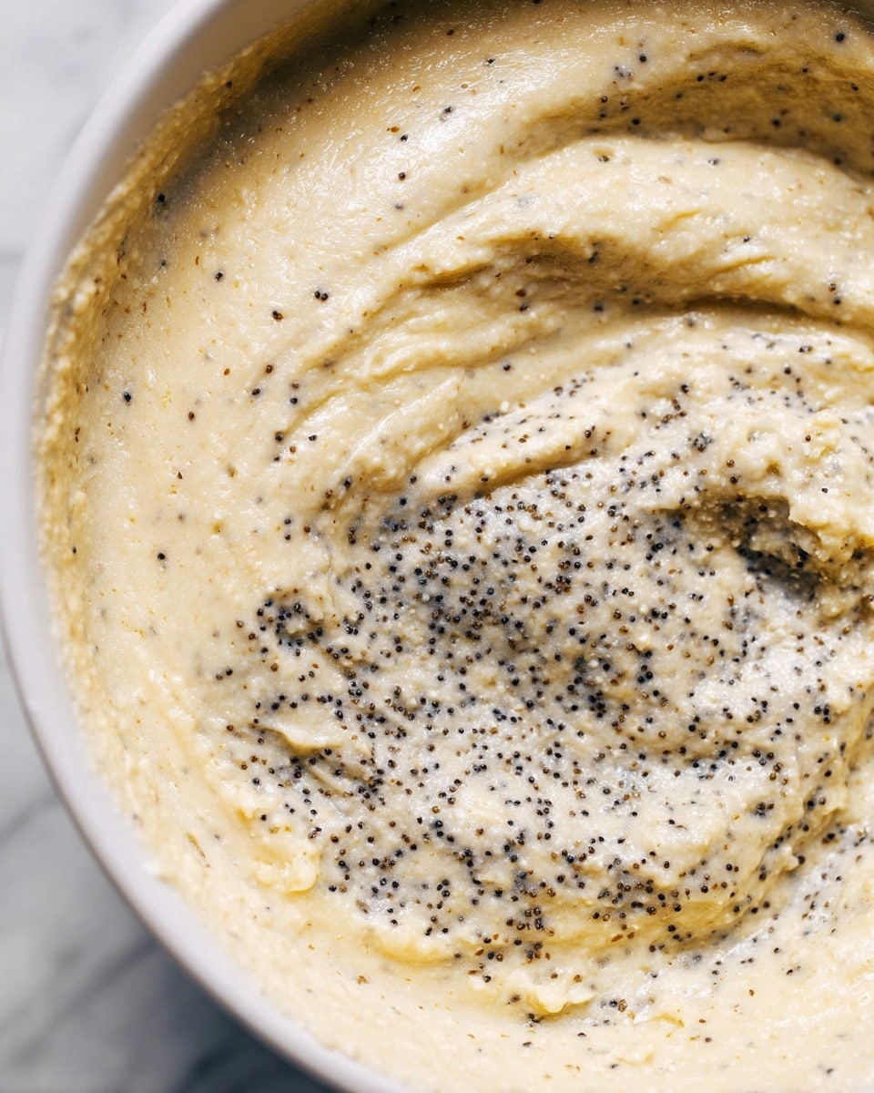A close-up of a thick, creamy batter inside a white bowl, filled with many tiny black poppy seeds mixed evenly throughout the pale yellow dough. The batter has a smooth, slightly shiny surface on top with some swirls, and a rough, coarse texture in the scooped-out center. The bowl sits on a white marbled surface. photo taken with an iphone --ar 4:5 --v 7