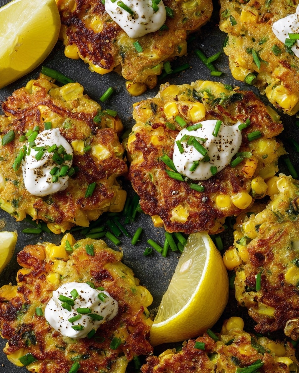 The image shows several golden brown corn fritters with visible corn kernels and green herbs mixed inside, arranged close together on a dark surface. Each fritter is topped with a small dollop of white sour cream sprinkled with black pepper and chopped green chives. Scattered around the fritters are more chopped chives and wedges of bright yellow lemon, adding color contrast to the scene. The overall texture of the fritters looks crispy and slightly crunchy on the outside. photo taken with an iphone --ar 4:5 --v 7