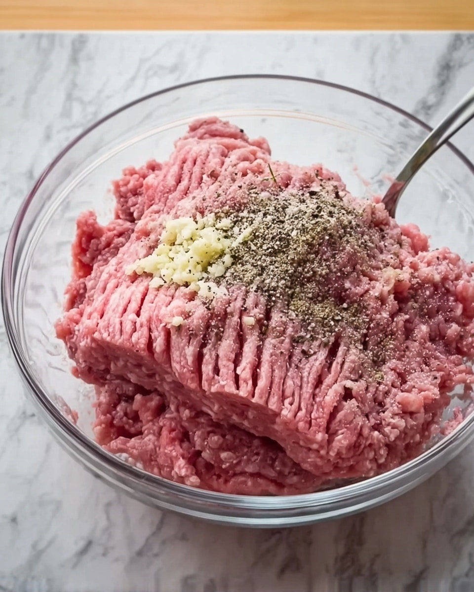 A clear glass bowl filled with raw ground meat colored light pink forms the base layer, unevenly shaped with folds and creases visible. On top of the meat, there is a sprinkle of coarse black pepper, concentrated mostly in the center, and a small amount of finely minced garlic positioned near the edge of the pepper. A metal spoon is placed inside the bowl, leaning against the side and partially buried in the meat. The bowl is set on a white marbled surface. photo taken with an iphone --ar 4:5 --v 7