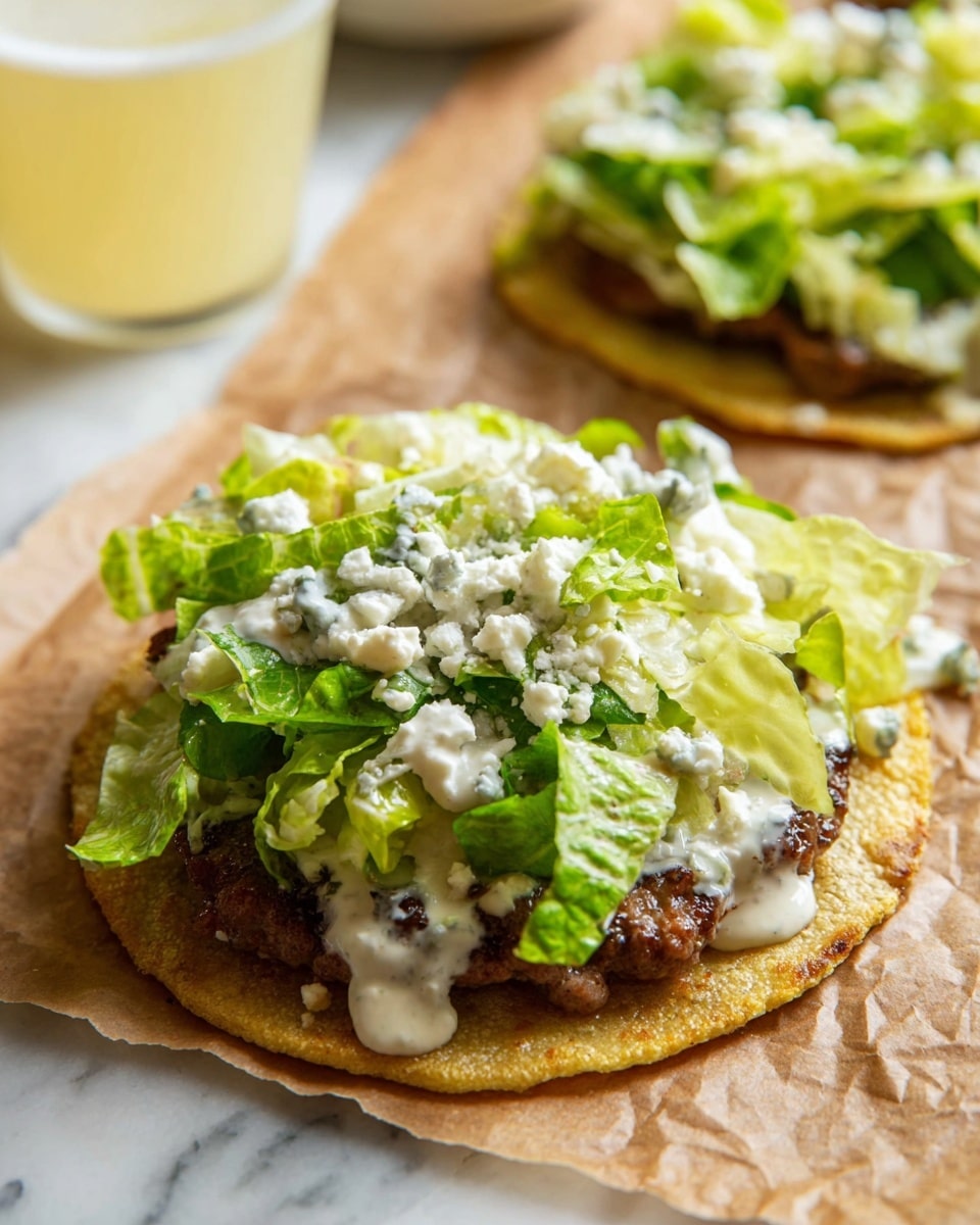 The image shows a taco with three clear layers set on a light yellow corn tortilla with a slightly rough texture. The bottom layer is a browned, grilled meat patty with a slightly crispy surface. On top of the meat, there is a mix of green Romaine lettuce leaves that are fresh and crisp. The final layer is a creamy white sauce drizzled generously over the lettuce, along with small white crumbles of cheese scattered across the top. The taco rests on brown parchment paper with another taco edge visible on the side, and in the background, there is a part of a white bowl containing a yellowish drink. The whole scene sits on a white marbled surface photo taken with an iphone --ar 4:5 --v 7