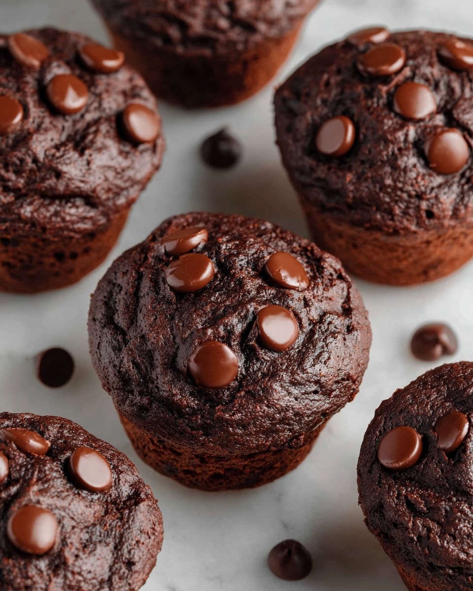 The image shows several dark brown chocolate muffins with a rough, slightly cracked surface. Each muffin has multiple round chocolate chips on top, adding a glossy texture and a lighter brown color contrast. The muffins are close together on a smooth white marbled surface, creating a simple and clean background. The focus is on the textured tops of the muffins and the scattered chocolate chips. photo taken with an iphone --ar 4:5 --v 7