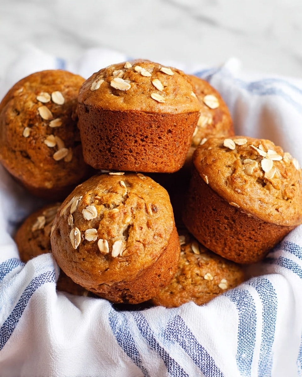 A group of golden-brown muffins with a soft, slightly rough texture sits in a white bowl lined with a white cloth featuring blue stripes. The muffins are topped with scattered light beige oat flakes adding a bit of roughness on top. They are stacked in a loose pile, some leaning against others, showing their cylindrical shape and rounded tops. The background is a white marbled surface with a clean and bright look. photo taken with an iphone --ar 4:5 --v 7
