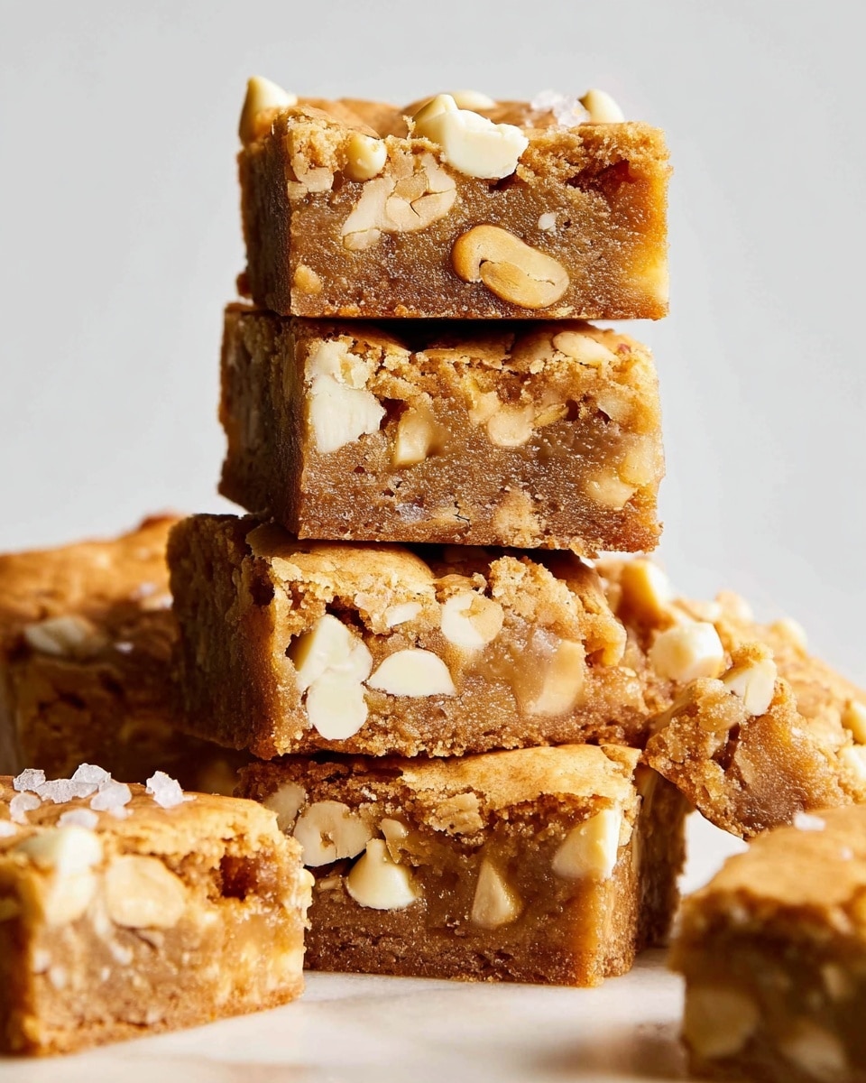 A stack of five thick, square blondie bars filled with white chocolate chips and nuts sits on a white marbled surface. The top blondie stands upright, showing a crumbly golden brown texture with white chocolate chips on top. Below it, four more blondies form a loose pile with visible chunks of nuts and melted white chocolate pieces throughout, creating a mix of creamy beige and light brown shades. Tiny flakes of sea salt sprinkle over the surface, adding a slight contrast to the warm tones. Photo taken with an iphone --ar 4:5 --v 7