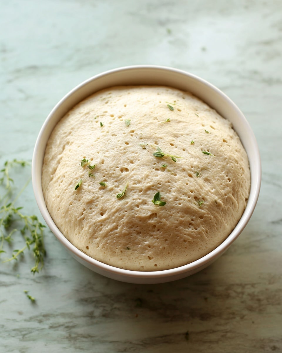 A white bowl filled with a thick, light beige dough that has risen and expanded to overflow the bowl's edge slightly, showing small air holes on its bubbly and spongy surface; a few small green herb leaves are scattered on top, and the bowl sits on a white marbled surface with a few more tiny herb sprigs lying nearby. photo taken with an iphone --ar 4:5 --v 7