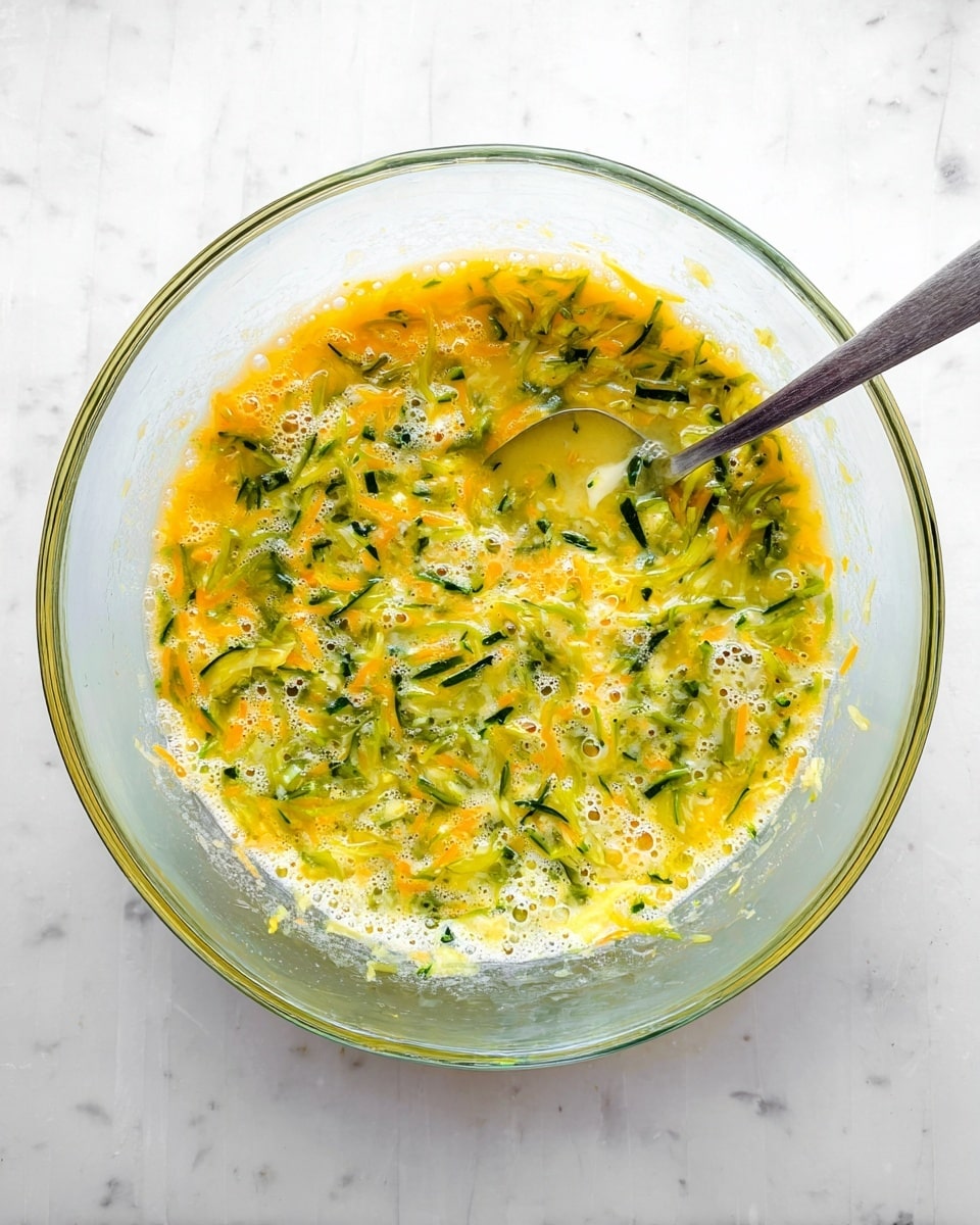 A clear glass bowl holds a mixture of beaten eggs with finely shredded green zucchini and some orange-yellow bits, all combined with small bubbles on top showing it's well stirred. A silver spoon is placed inside the bowl on the right side. The bowl sits on a white marbled surface. photo taken with an iphone --ar 4:5 --v 7