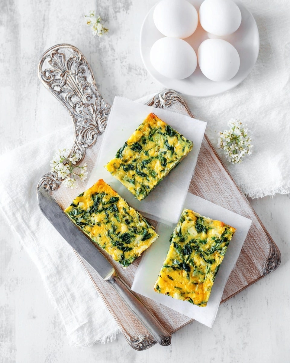 The image shows three rectangular pieces of a spinach and cheese dish placed on small white paper squares. The dish has a mix of bright yellow and green colors with a slightly browned top, showing a baked texture. These pieces are arranged on a square wooden board with silver decorative edges, which rests on a white marbled surface. Nearby, there is an old-fashioned knife with a silver blade and a white handle. In the upper part of the image, three white eggs sit on a white cloth with small white flowers adding a soft touch. Photo taken with an iphone --ar 4:5 --v 7