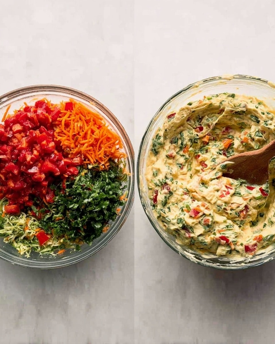 Two clear glass bowls are shown on a white marbled surface. The bowl on the left has layers of different chopped ingredients: bright red diced tomatoes on the top left, finely shredded orange carrots below the tomatoes, and fresh dark green chopped herbs filling the right half of the bowl with some light green shredded vegetables beneath. A spoon is partly visible at the bottom left. The bowl on the right shows a creamy mixture with small pieces of red, orange, and green ingredients mixed evenly throughout the pale yellow base. A wooden spatula rests inside the bowl on the right. Photo taken with an iphone --ar 4:5 --v 7