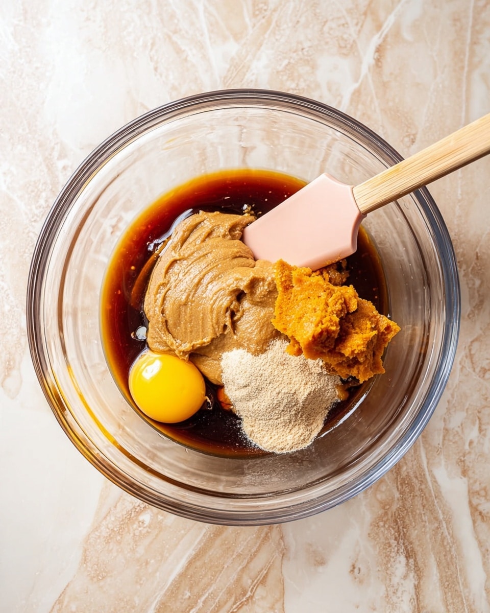 A clear glass bowl sits on a white marbled surface, holding four distinct layers of ingredients. At the bottom, a pool of dark amber liquid covers the base. On top of this, a thick, beige paste is placed mostly on the left side, with a slightly lighter brown paste spread around it. An orange, chunky layer is next, nestled partly under the beige paste. Completing the mix, a single raw egg yolk with a bright yellow color rests slightly off-center toward the bottom left. A pale pink spatula with a wooden handle is lying in the bowl, angled diagonally from the top right toward the center. Photo taken with an iphone --ar 4:5 --v 7