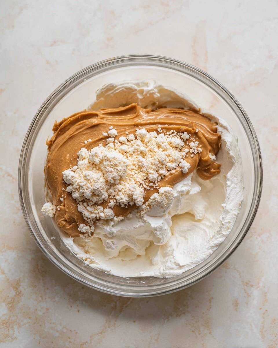 A clear glass bowl holds three visible layers of ingredients on a white marbled surface. The bottom layer is a fluffy, white cream with a soft texture. Above this, there is a smooth, thick peanut butter layer in a rich brown color that looks creamy and dense. On top, there is a powdery, off-white substance with a crumbly texture scattered unevenly. The bowl is filled with these three layers in a close-up shot. Photo taken with an iphone --ar 4:5 --v 7