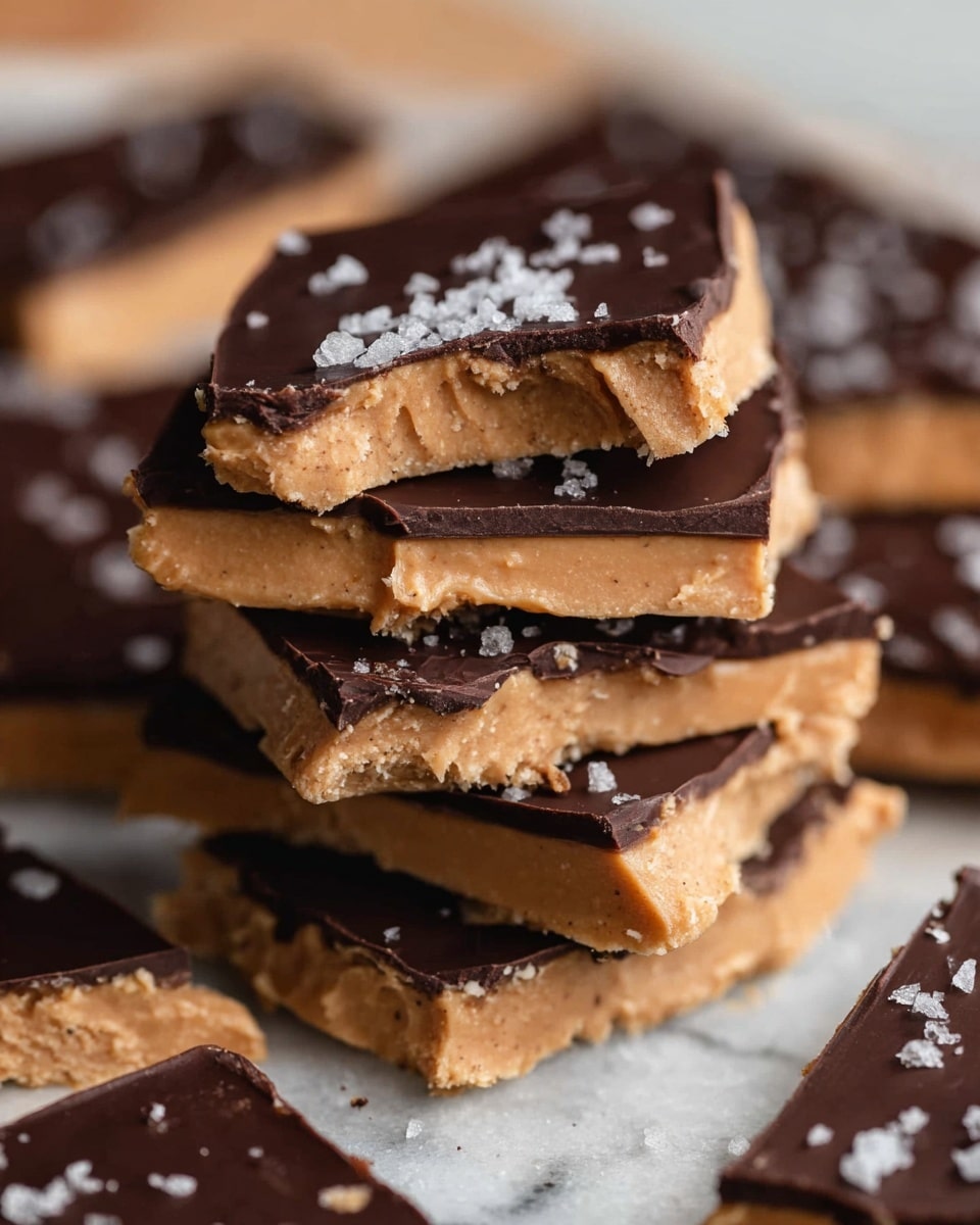 This image shows a stack of broken peanut butter and chocolate bars placed on a white marbled surface. Each piece has two clear layers: the bottom layer is thick, light brown, and looks creamy with a soft texture, while the top layer is thin, dark brown, and smooth, with a shiny chocolate finish sprinkled with white sea salt flakes. The pieces are unevenly shaped with some bites taken out, showing the contrast between the creamy bottom layer and the firm chocolate top. The background also shows more pieces scattered around softly blurred to keep focus on the front stack. Photo taken with an iphone --ar 4:5 --v 7