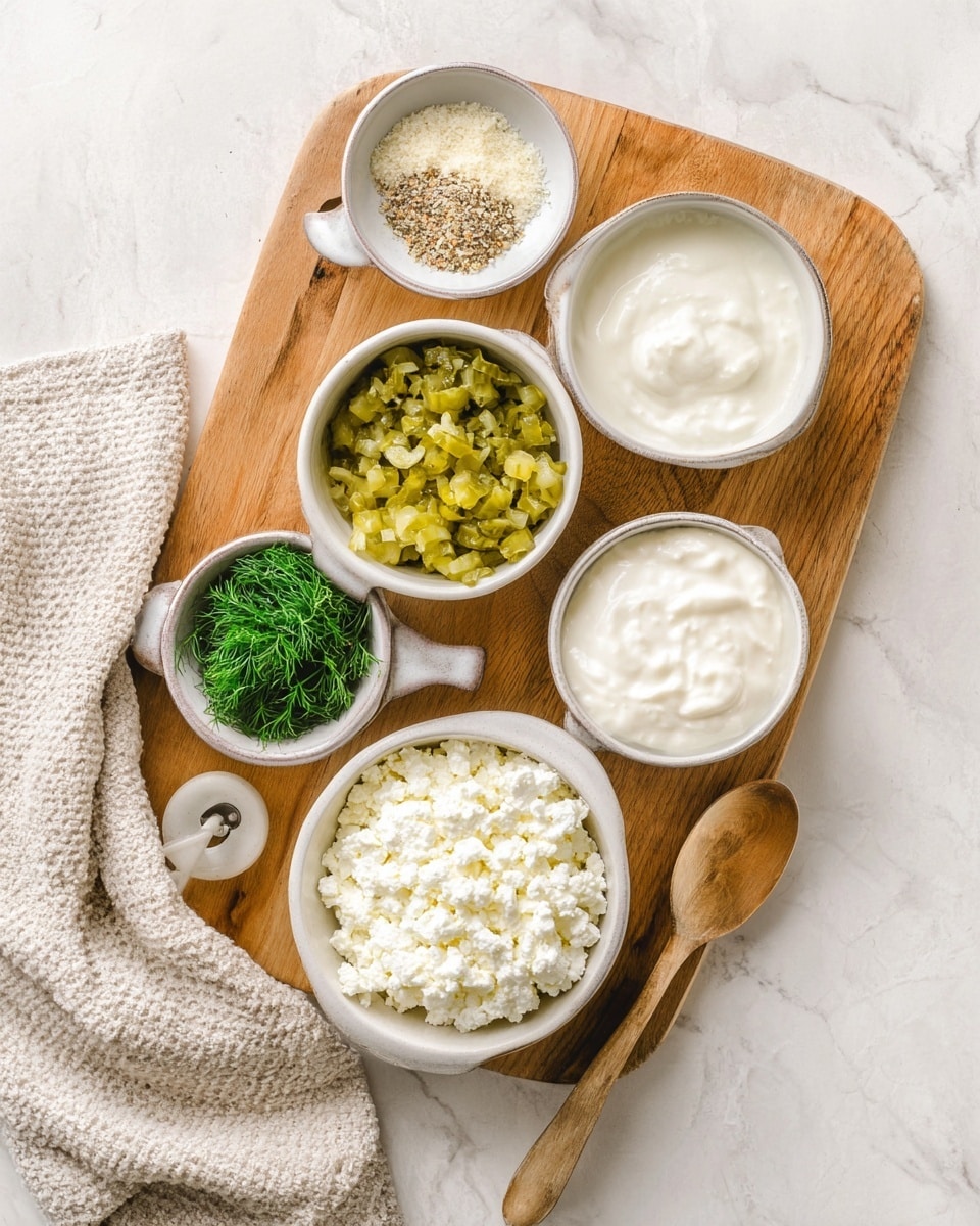 The image shows a wooden board with five small white bowls arranged on it, each containing a different ingredient. In the center is a bowl filled with chopped pickles, bright green and yellow in color. Above it, there is a small bowl with a light beige mixture of dried herbs and spices while next to it, a bowl with finely chopped fresh green dill. Below the pickle bowl, a larger white bowl holds white cottage cheese with its chunky texture visible. To the right, a bowl with smooth white cream cheese, and on the left, a bowl with thick white sour cream. A spoon with a wooden handle rests on the board, and a textured light beige cloth is draped at the bottom left corner. The whole scene is set on a white marbled surface. photo taken with an iphone --ar 4:5 --v 7
