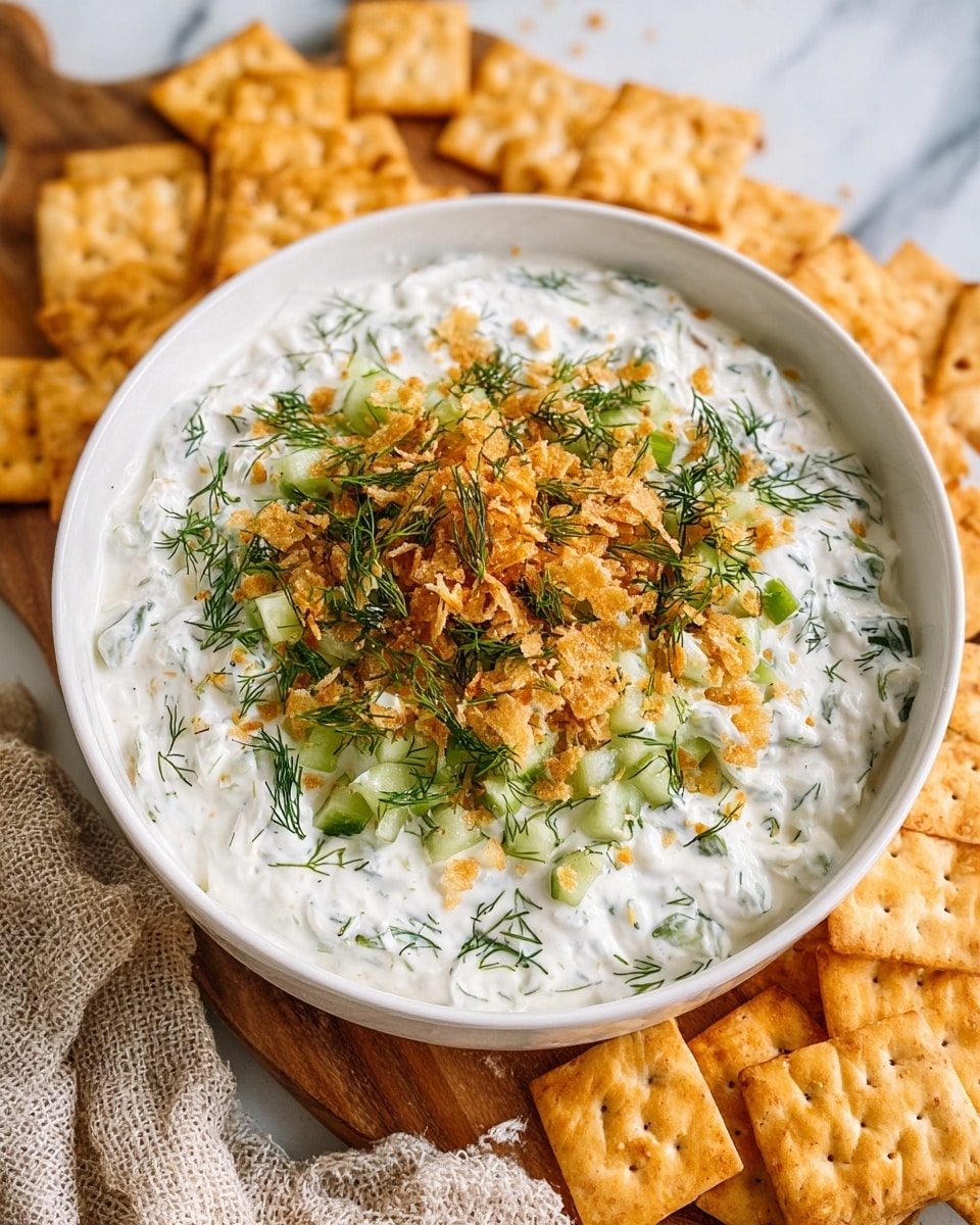 A white bowl filled with a creamy white dip mixed with small green herb pieces. On top, there is a layer of chopped green pickles, golden crispy crushed crackers, and fresh green dill sprinkled evenly. The bowl sits on a wooden board with a white marbled background. Around the bowl, there are many golden square crackers placed loosely. A beige textured cloth is partially visible near the bottom left corner. photo taken with an iphone --ar 4:5 --v 7