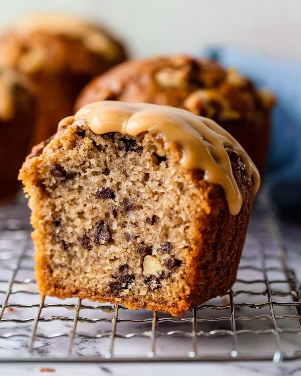 A close-up of a banana nut muffin placed on a cooling rack over a white marbled surface. The muffin is cut in half, showing three visible layers: the light brown inside filled with small dark chocolate chips and chopped nuts, the slightly darker brown crust around the edges, and a smooth layer of light brown caramel-like drizzle on top, dripping slightly down the sides. In the blurred background, another whole muffin is visible, sitting on the same white marbled surface. Photo taken with an iphone --ar 4:5 --v 7