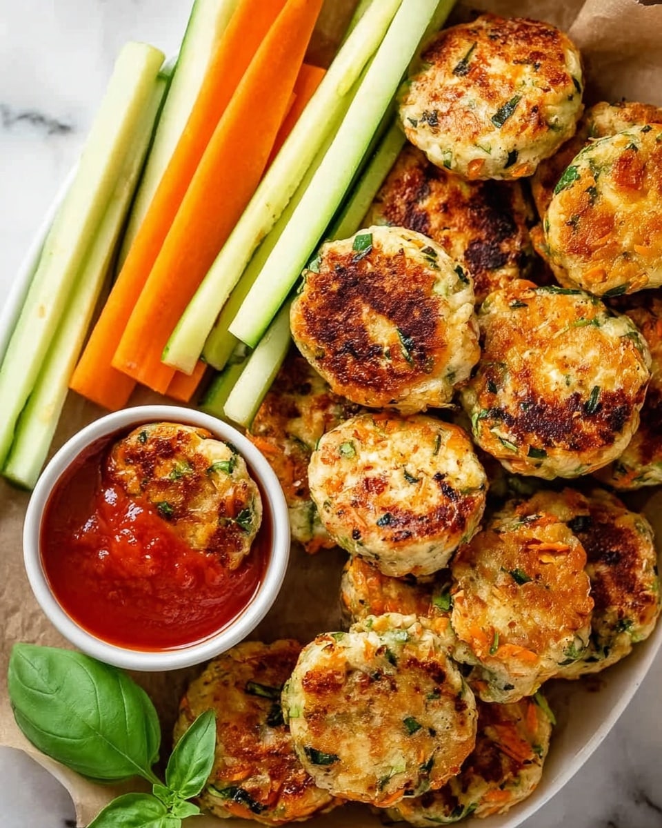 A white plate holds a pile of round, golden-brown patties with visible green herb bits throughout, arranged closely together. On one side of the plate, there are long, fresh vegetable sticks including pale green zucchini and bright orange carrots. A small white bowl filled with red sauce sits among the patties, with one patty dipped into it. A fresh green basil leaf sits on the white marbled surface near the food. The photo is bright and clear, showing the texture of the patties’ crisp edges and the smooth sauce. Photo taken with an iphone --ar 4:5 --v 7