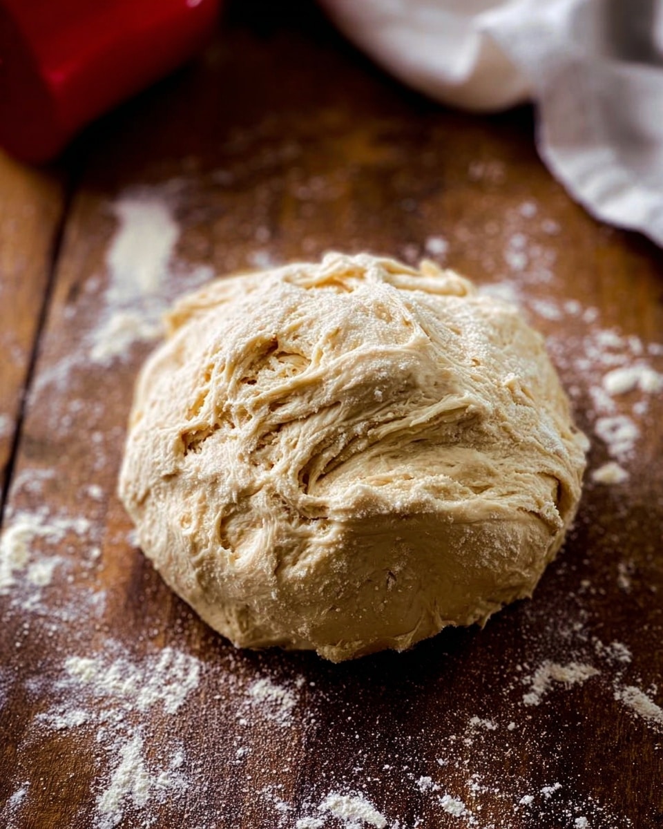 A close-up view of a soft dough ball placed on a wooden surface dusted with white flour, showing a rough and stretchy texture with light beige color. The dough looks hand-kneaded with small folds and creases. The background includes a faint glimpse of a white cloth and a red item in the top left corner. The surface is rustic brown wood covered lightly by scattered flour. Photo taken with an iphone --ar 4:5 --v 7