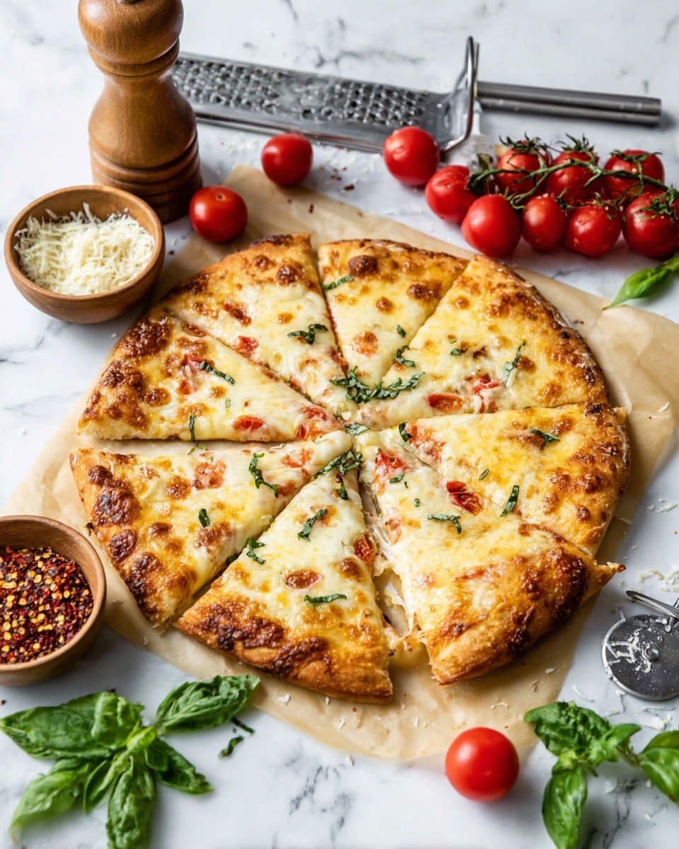 A round pizza with six slices sits on a piece of parchment paper on a white marbled surface. The pizza has a thick, golden-brown crust with a slightly crispy edge and is topped with melted cheese that is light yellow with some brown spots, and scattered small red tomato pieces and bits of green basil. Around the pizza, there are fresh red cherry tomatoes on the vine, a small wooden bowl with red chili flakes, another small wooden bowl with grated cheese, and fresh green basil leaves. There is also a wooden pepper grinder and a metal pizza cutter in the background. Photo taken with an iphone --ar 4:5 --v 7