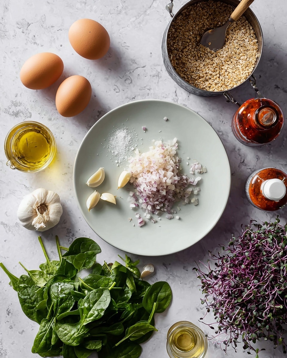 The image shows cooking ingredients arranged on a white marbled surface. In the center is a white plate with a pile of finely chopped shallots, a small pile of coarse salt, and three garlic cloves. To the left of the plate are three brown eggs, one peeled halfway, and fresh green spinach leaves spread below. Towards the top right, there is a metal container filled with grains and a spoon with a wooden handle resting inside it. Nearby is a small glass jar of golden olive oil and a small bottle of red chili sauce. On the bottom right, there is a small bunch of purple and green microgreens. The composition is bright and clear, with natural lighting. photo taken with an iphone --ar 4:5 --v 7