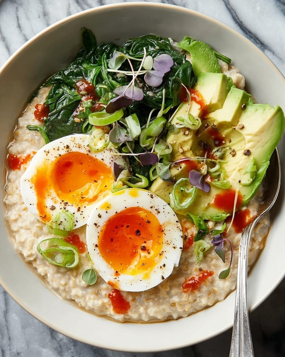 A white bowl filled with creamy beige oatmeal forms the base layer, topped with bright green sautéed spinach on one side and sliced light green avocado pieces on the other. Two halves of a soft-boiled egg with shiny white edges and vibrant orange yolks sit near the center, sprinkled with small black pepper flakes. Small green onion slices and purple microgreens are scattered on top, with red sauce drizzled unevenly over the spinach, avocado, and eggs. A silver spoon rests on the side of the bowl, and the bowl is set on a white marbled surface. photo taken with an iphone --ar 4:5 --v 7