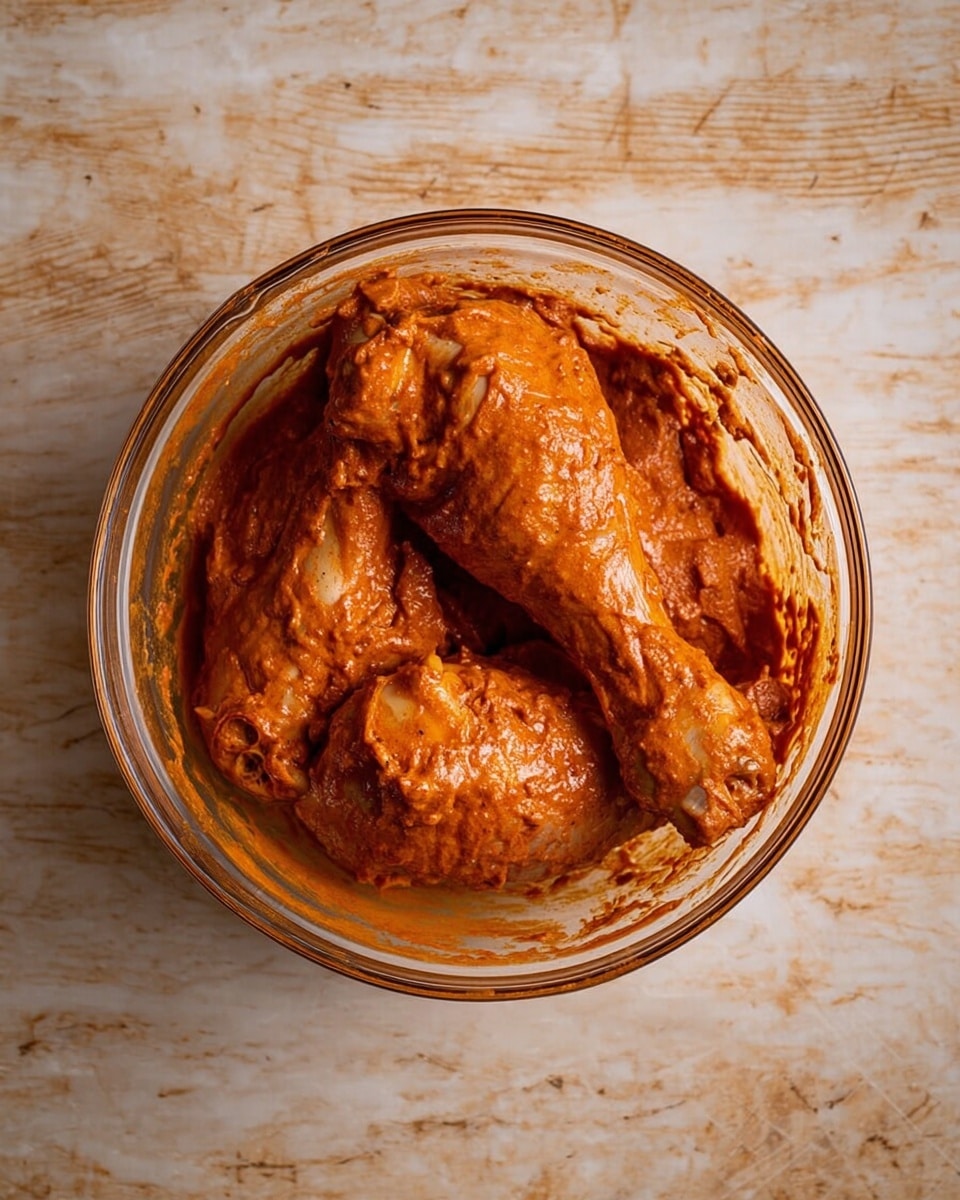 A clear glass bowl holds three chicken legs covered in thick reddish-orange marinade. The chicken sits closely together in the bowl, with the sauce spread unevenly but fully coating each piece. The bowl itself is placed on a white marbled surface that stretches out in the background. The texture of the sauce looks creamy and smooth, sticking well to the chicken skin, which shows some visible bumps and curves. The photo taken with an iphone --ar 4:5 --v 7
