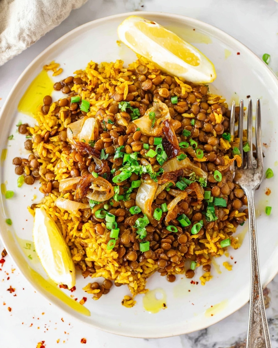 A white plate holds a dish made of cooked brown lentils and yellow rice mixed together, topped with some caramelized light brown onions and sprinkled with bright green chopped scallions. There is a small wedge of lemon placed near the edge of the food on the plate. A silver fork rests on the right side of the plate on the white marbled surface. Drops of yellow oil and a few scattered red spices are visible on the plate around the lentils and rice. The overall look of the dish is warm and rustic with a mix of soft and slightly glossy textures photo taken with an iphone --ar 4:5 --v 7