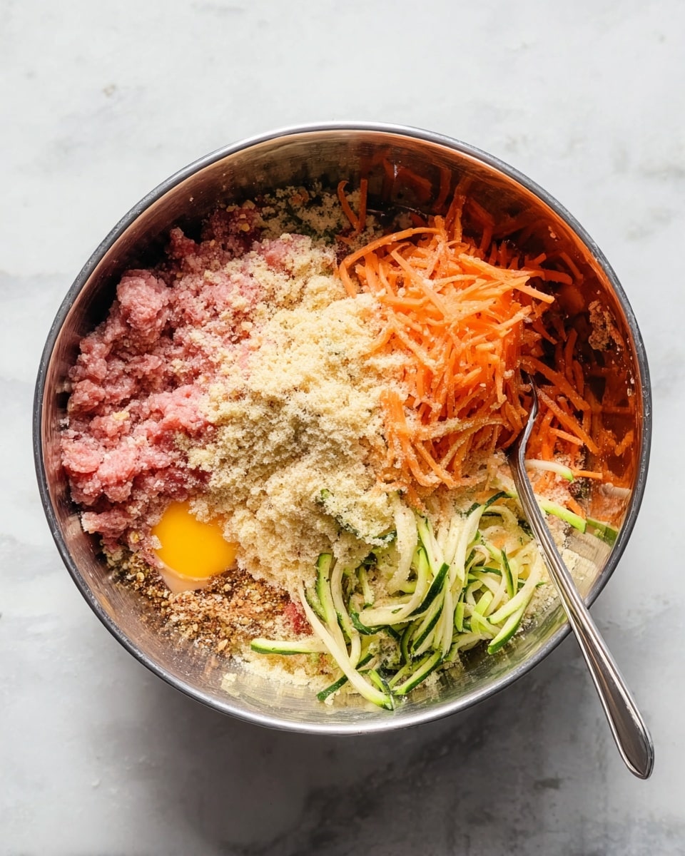 A round metal bowl sits on a white marbled surface, filled with several layers of ingredients. On the left side, there is pink raw ground meat, next to a cracked yellow egg yolk at the bottom left edge. Moving clockwise, there is a thick layer of fine light-colored crumbs mixed with some spices, then thin orange carrot shreds on top. To the right, there are thin green zucchini shreds. A silver fork rests inside the bowl on the right side, partly in the crumbs and vegetables. photo taken with an iphone --ar 4:5 --v 7