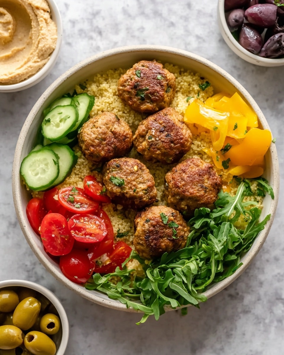 A white bowl with five brown, round meatballs placed on a bed of light yellow couscous. Around the meatballs, there are small bright red grape tomatoes, dark purple olives, light green cucumber slices, and green leafy arugula on opposite sides. Bright yellow chopped bell peppers sit near the top edge, and a smooth dollop of beige hummus is placed next to the olives. The bowl sits on a white marbled surface with two small white bowls containing olives and cherry tomatoes partially visible around it. Photo taken with an iphone --ar 4:5 --v 7