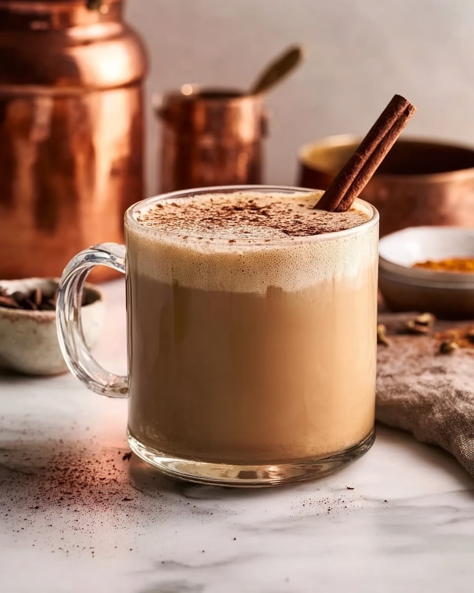 A clear glass mug filled with a creamy light brown drink, topped with a light layer of frothy foam sprinkled with dark brown spice, and garnished with a dark brown cinnamon stick standing upright. The mug sits on a white marbled surface with blurred copper cookware and small bowls in the background, giving a warm cozy feel. photo taken with an iphone --ar 4:5 --v 7