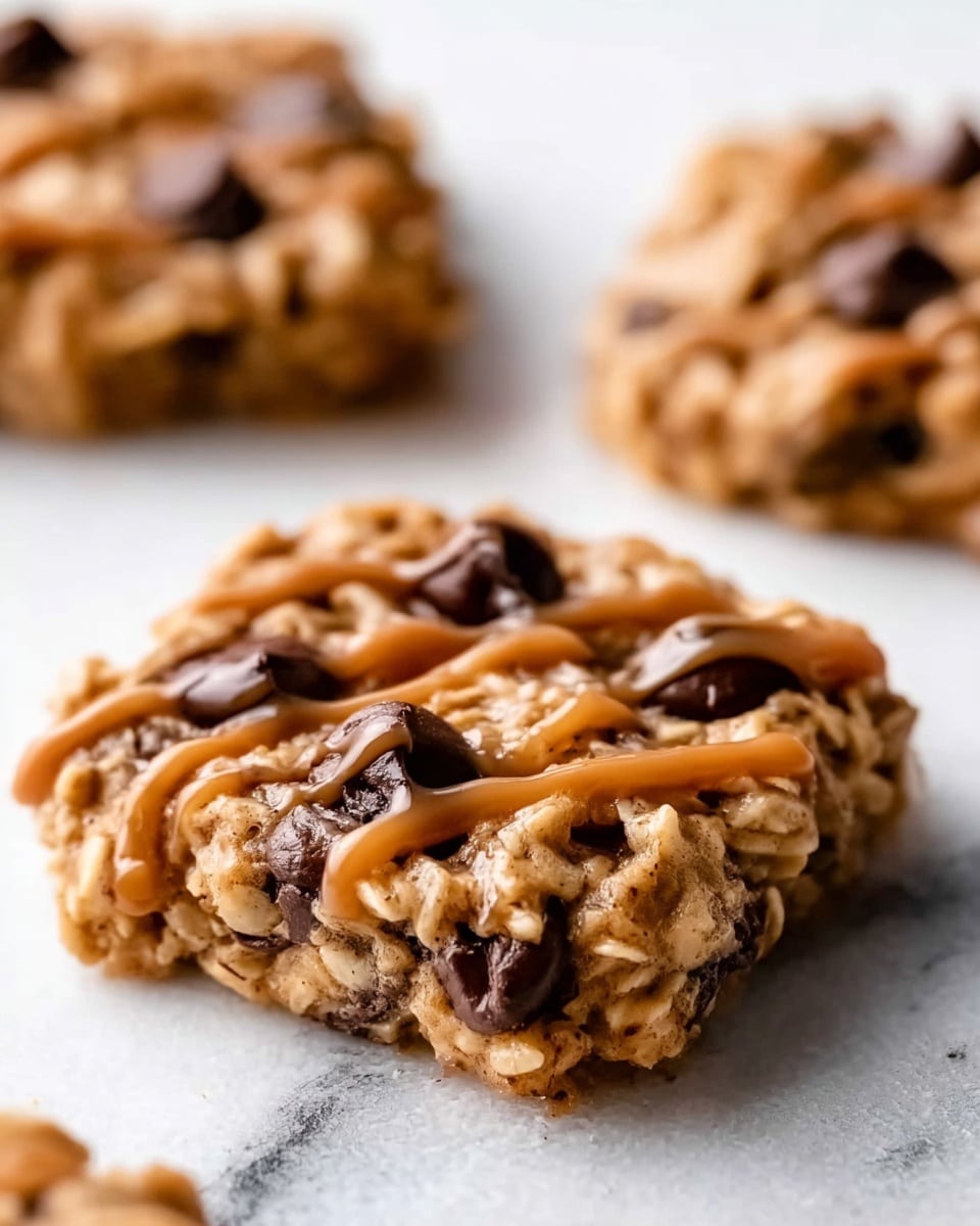 The image shows a close-up of a square oatmeal cookie with chocolate chips scattered throughout the textured golden-brown surface. A light drizzle of caramel-colored sauce is spread unevenly on top, adding a glossy contrast to the matte cookie. The cookie is placed on a white marbled surface, with two more similar cookies slightly out of focus in the background, creating depth. The textures of the oats and chocolate chips are very clear, highlighting the chewy and chunky feel of the cookie. Photo taken with an iphone --ar 4:5 --v 7