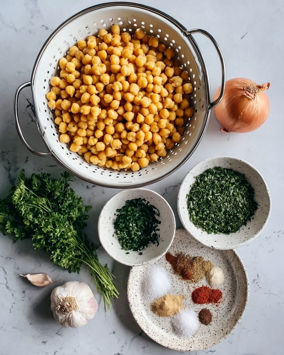 The image shows a large white colander filled with yellow chickpeas placed on a white marbled surface. Next to it are three small white bowls; two bowls contain finely chopped green herbs - one with a darker green texture and the other with a lighter green color, while the third bowl holds a mix of spices arranged in small piles of white salt, black pepper, red pepper flakes, brown cinnamon, and light brown cumin on a speckled white plate. Nearby are an onion with orange skin and two garlic bulbs, one whole and one partially peeled, resting on the surface. A white marbled backdrop creates a clean, fresh atmosphere. photo taken with an iphone --ar 4:5 --v 7